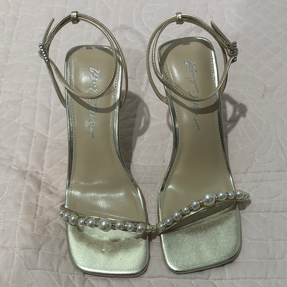Betsey Johnson Gold Heels with Pearl and Rhinestone Detail